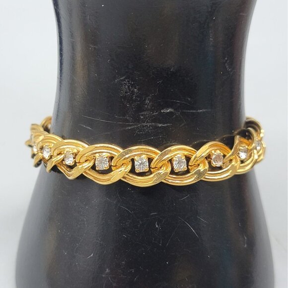 10kgp Diamante Accented Oval Link Bracelet Yellow Gold Plate Rhinestones SZ 6.5 - Picture 1 of 8